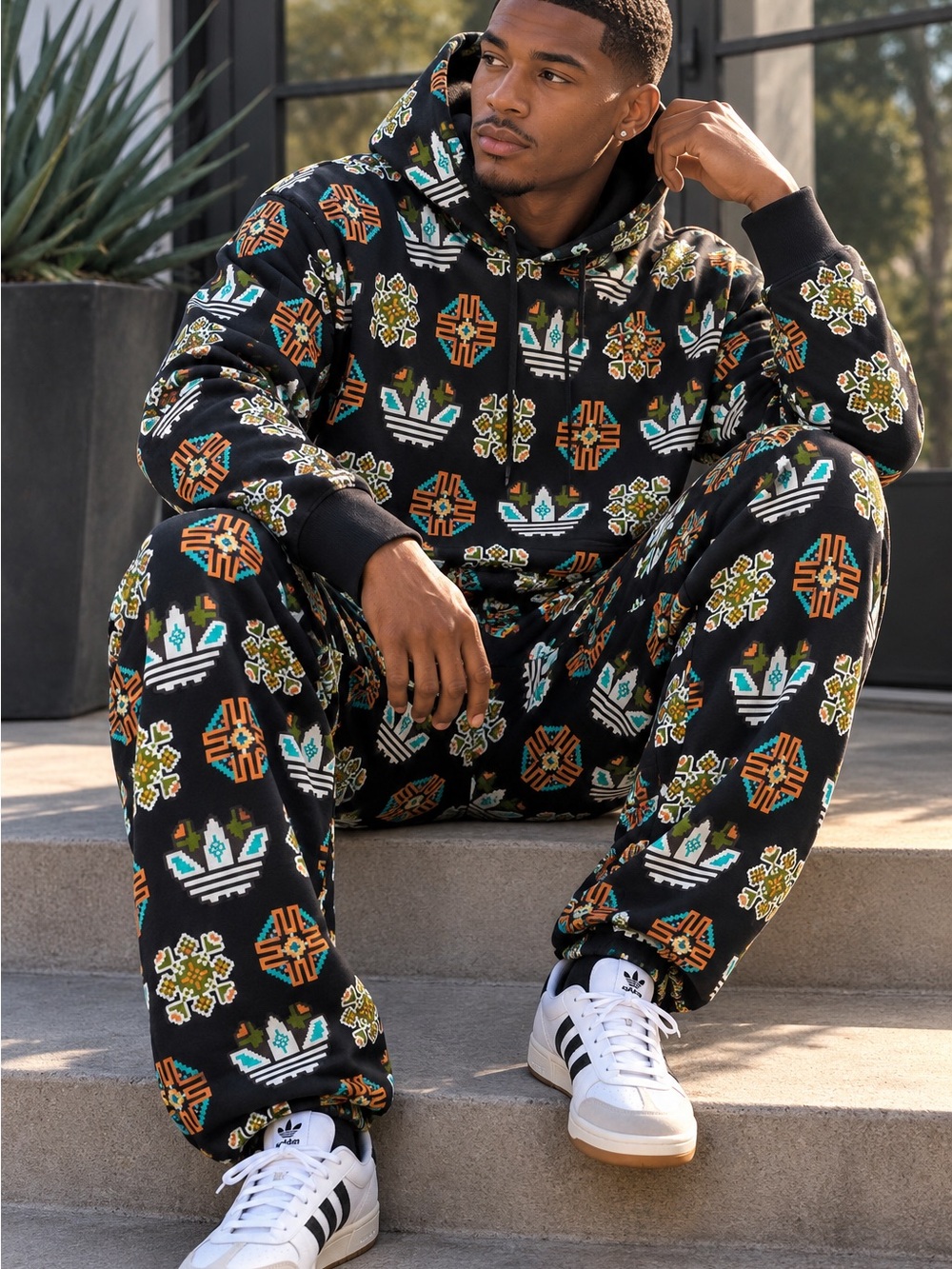 Adidas Tile Print Crochet Granny Square Large Sweatshirt Hoodie & Sweatpants